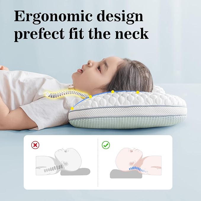 Reidio Toddler Pillows Double Sided Cooling Fabric & Breathable Mesh Kids Pillow Dual Heights Ergonomic Design Advanced Hose Filler Machine Washable (Blue Green, H1)