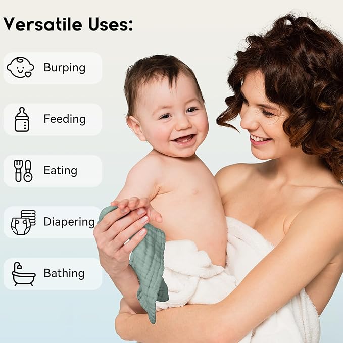 Muslin Baby Washcloths 6 Pack, 100% Cotton Wash Cloths for Babies, Large 12''X12'' Burp Cloths Absorbent and Soft for Newborn Infants Kids Boys Girls - Dark Green