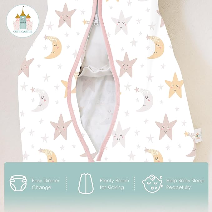 Cute Castle Baby Sleep Sack 12-18 Months - Lightweight 100% Cotton 2-Way Zipper TOG 0.5 Infant Wearable Blanket, Newborn Essentials Toddler Sleep Clothes, 3 Pack(Pink, Moon, Stars)