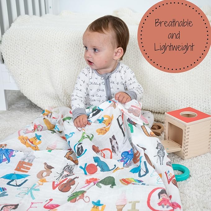 LollyBanks Swaddle Blanket - 100% Cotton Muslin, Neutral 47 x 47 Inches, Baby Blanket for Boys & Girls, Registry (Alphabet Print)