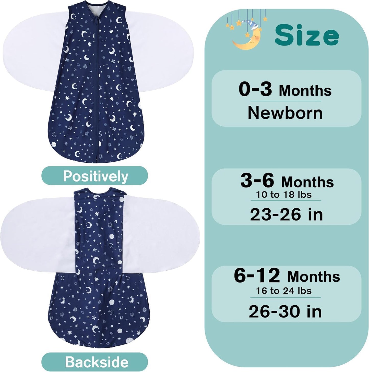Newborn Sleep Sack Baby Swaddle,3-6 Months,3-Way Adjustable Wearable Blanket,100% Rayon Cotton Swaddling Sleeping Bag，TOG 0.5（Clouds&Starry Sky）