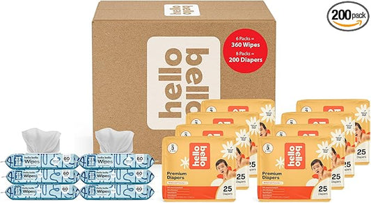Hello Bello Mega Surprise Pack, Size 3 (14-24 lbs), 200ct Hypoallergenic Assorted Diapers with a Soft, Cloth-Like Feel Plus 360 Ultra Gentle Unscented Baby Wipes in 6 Resealable Packs