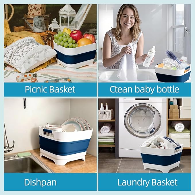 Collapsible Wash Basin for Baby Bottles - 2.4 Gallons Portable Wash Bin for RV Camping Sink, Space-Saving Dish Tub.Laundry & Utility Room Sinks (Navy Blue)