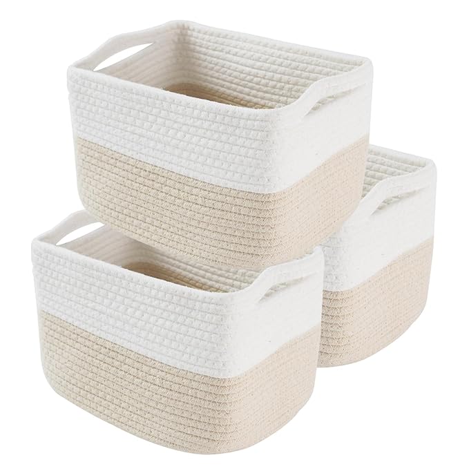 Hopegiver 3 Pack Storage Baskets for Organizing with Handle, Woven Baskets for Shelves - Durable Gift Basket for Cloth Toys Books Baby, Cotton Rope Basket for Dog Cat, 11x8x7 Inch(White&Khaki)
