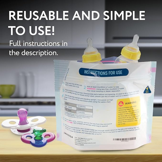 Impresa Microwave Baby Bottle Steam Bags - Reusable Up to 20 Uses & Baby Travel Essential - Multipurpose Steam Bag for Breast Pump Parts & Bottle Cleaning in Microwave - Pack of 1, 15 Count