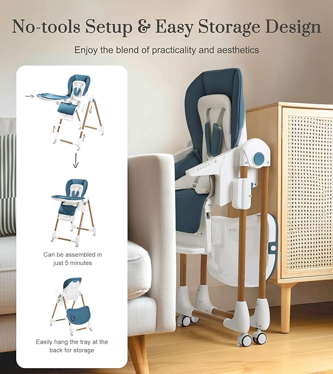 Mallify Foldable High Chairs for Babies and Toddlers, 3-in-1 Convertible Baby High Chair with Removable Soft Cushion and Tray, Adjustable Height & Recline, Lockable Wheels, Dark Blue