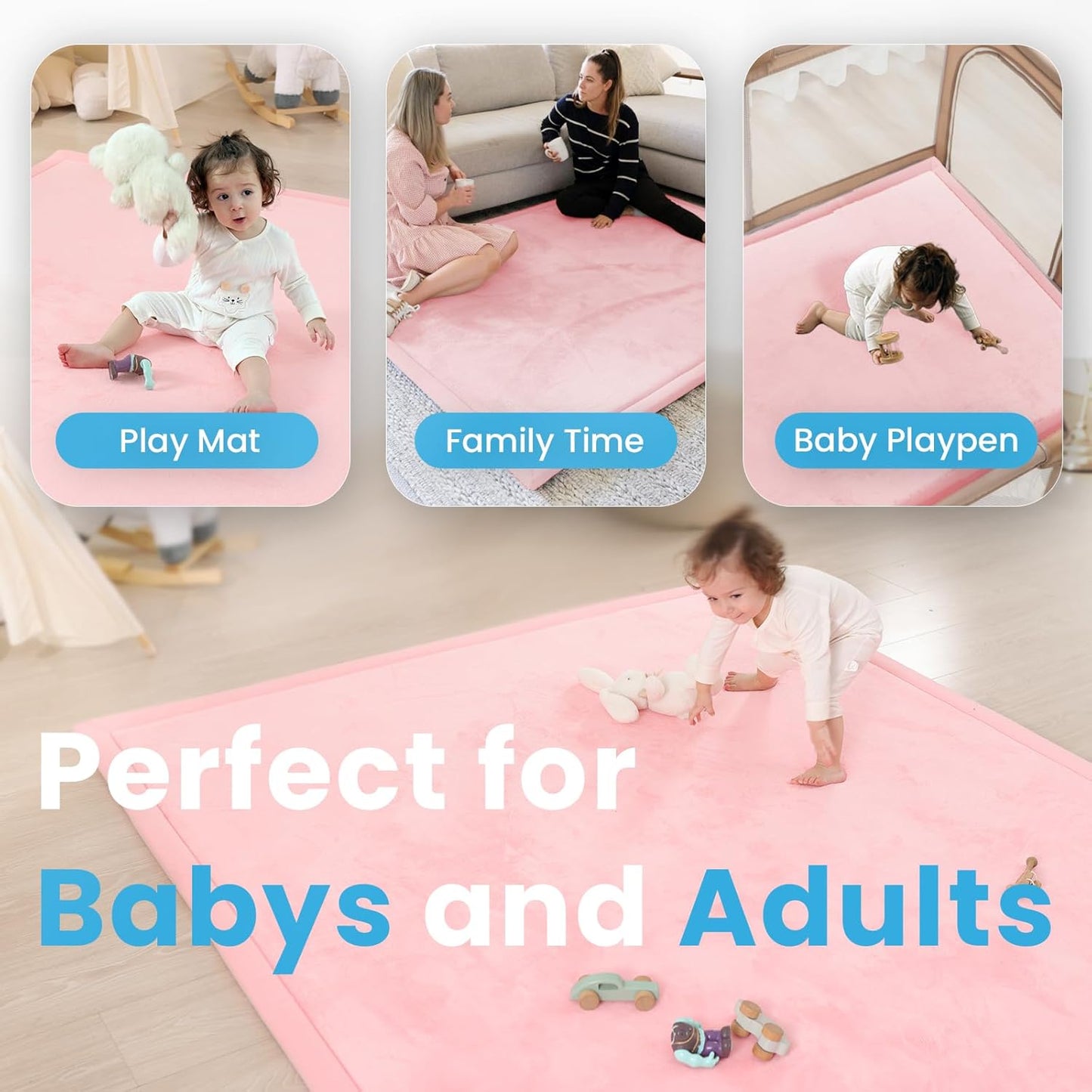 1.3" Thick Baby Play Mat,Ultra Soft Elasti-Foam 50×50 Playpen Mat for Tummy Time,Water-Repellent Coral Fleece Nursery Rug for Infants,Toddlers,Kids,Non-Slip Safe for Crawling(Pink)