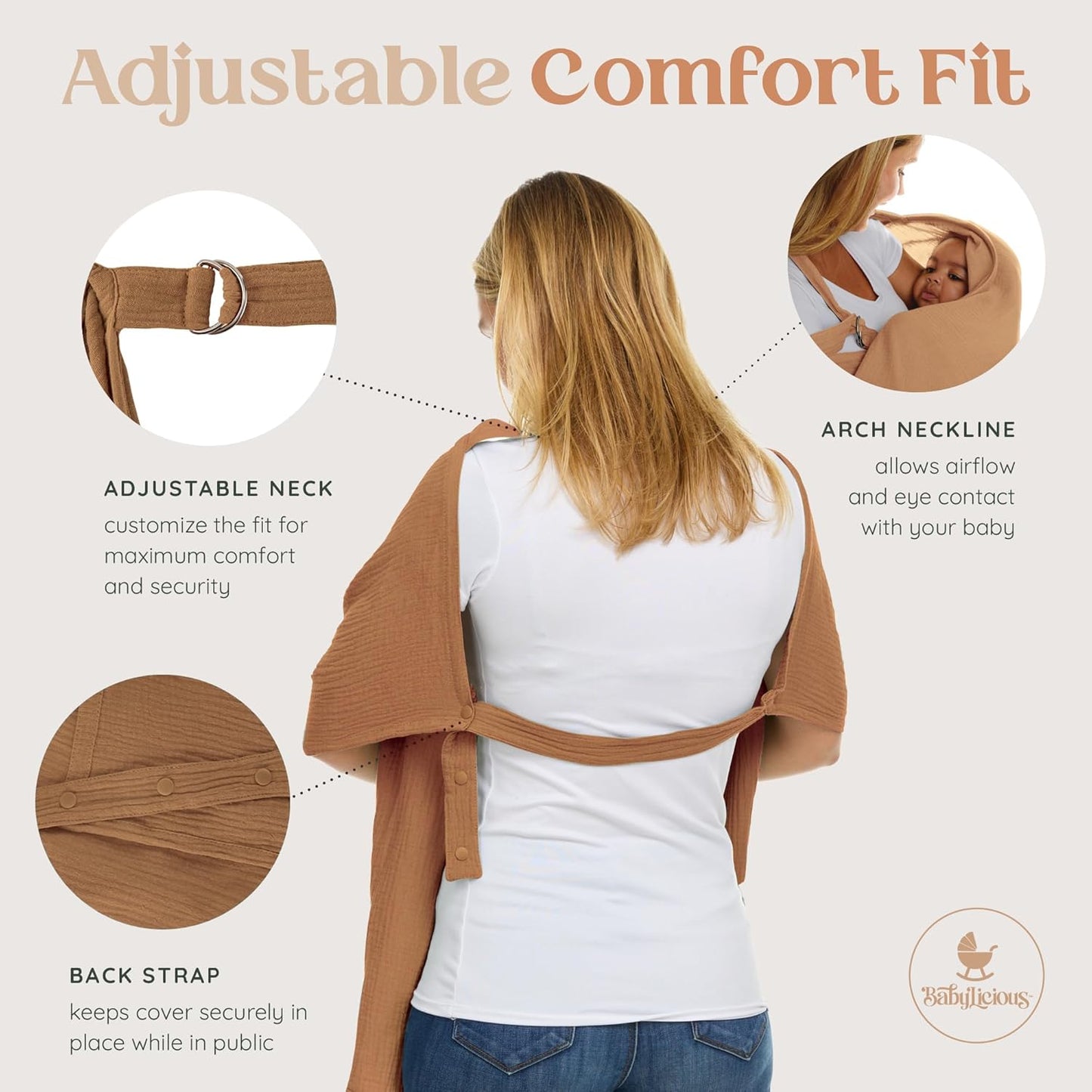 Muslin Nursing Cover Up for Breastfeeding - Breast Feeding Covers for Women | Breathable 100% Muslin Cotton Breastfeeding Cover with Arch-line and Adjustable Straps | Breastfeeding Essentials (Brown)