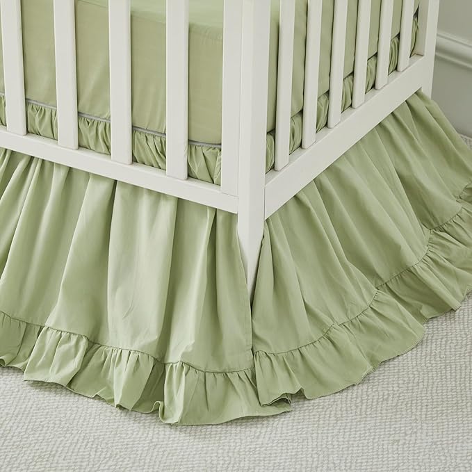 Brandream Farmhouse Crib Bedding Sets for Girls and Boys | 3 Piece Nursery Set Light Green Ruffles | Baby Comforter, Fitted Crib Sheet, Crib Skirt Included,100% Cotton Percale