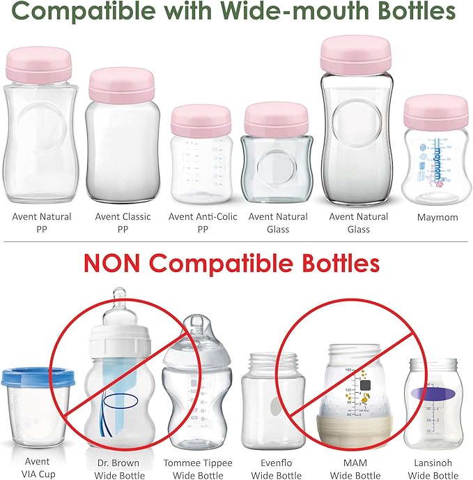 Maymom Solid Lids Aka Travel Caps w/Sealing Ring Compatible with Avent Bottle; Cap Replace Avent Natural Bottle Screw Ring n Sealing Disc; Fit Avent Anti-colic Polypropylene, Glass Bottle, Avent Pink