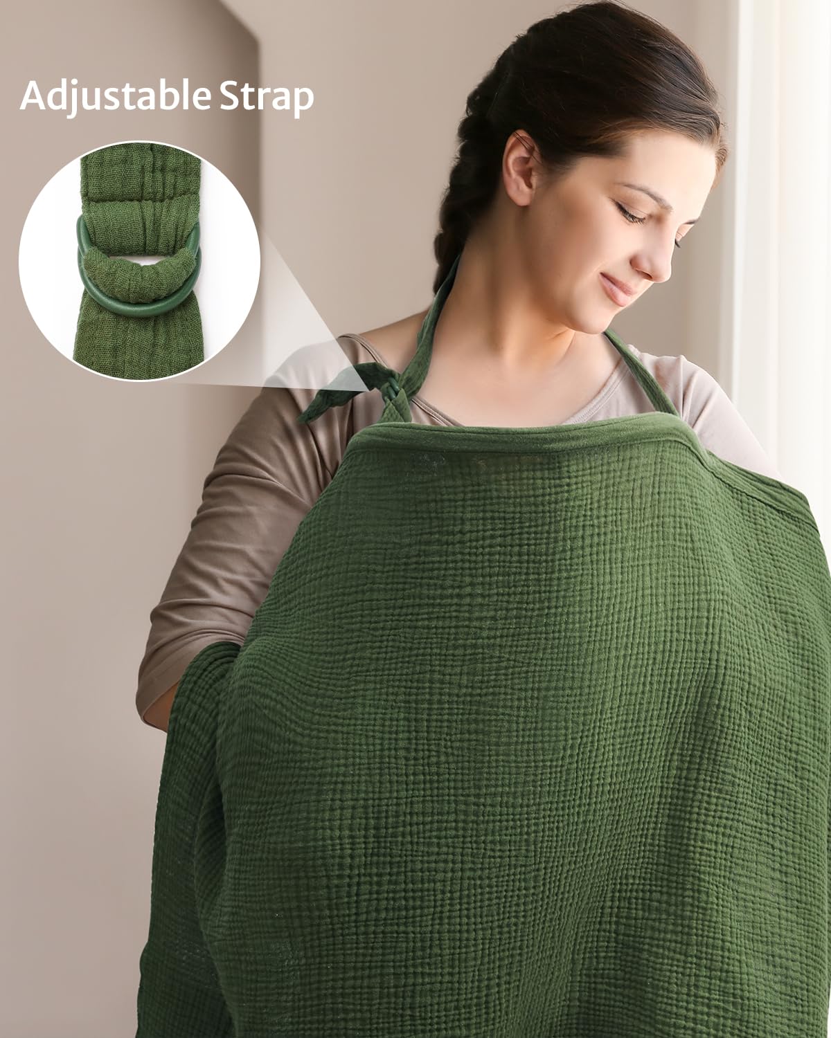 Blissful Diary Muslin Nursing Cover for Breastfeeding, Breathable Breastfeeding Cover up with Arch Neckline for Women, Nursing Apron (Dark Green)