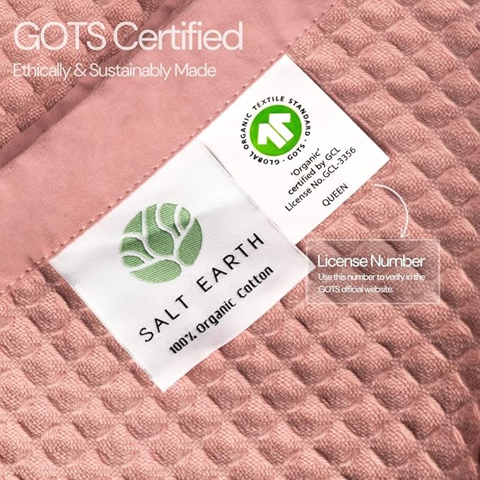 Salt Earth GOTS Certified 100% Organic Cotton Throw Blanket, 108"X90" Blankets & Throws for Bed, Throw Blanket for Couch,Modern & Cozy Blanket, All Season Waffle Blanket, Soft Blanket (Misty Rose)