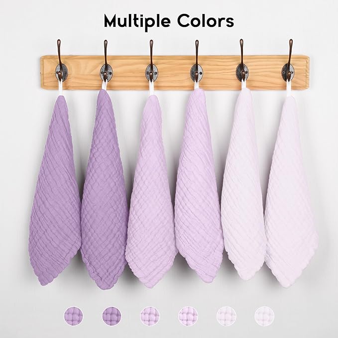 Muslin Baby Washcloths 6 Pack, 100% Cotton Wash Cloths for Babies, Large 12''X12'' Burp Cloths Absorbent and Soft for Newborn Infants Kids Boys Girls - Gradient Purple