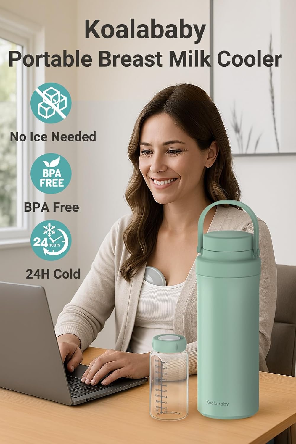 Koalababy Portable Breast Milk Cooler 22oz – 24-Hour Cooling, with 2 Bottles for Breastmilk Storage, Insulated Chiller for Work & Travel, Larger Capacity for Breastfeeding Moms