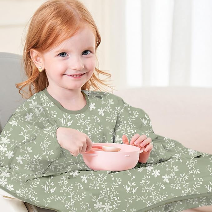 2-Pack Long Sleeve Baby Bib,Coverall Baby Bibs for Eating,Waterproof,Attaches to Highchair&Table,Ages 1 to 3 Years