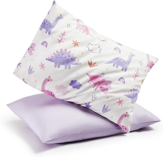 TILLYOU Toddler Pillowcases 13 x 18 Travel Pillow Case 2 Pack, Kids Pillowcases Machine Washable with Envelope Closure, Dinosaur