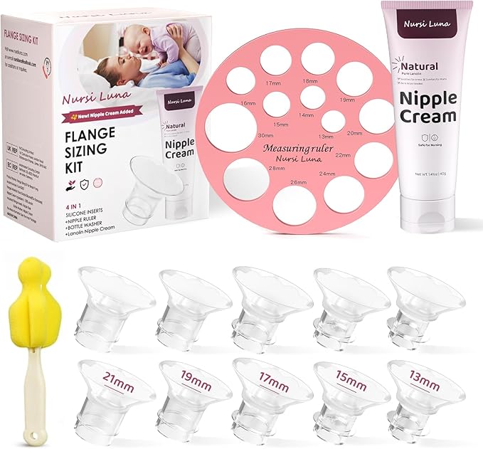 Flange Sizing Kit with Flange Inserts 10PCS, Nipple Ruler, Silicone Flanges Insert 13/15/17/19/21mm for 24mm Flange/Shield, Pumping Breastfeeding Essentials Kit