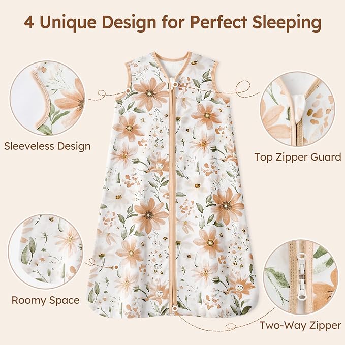 Baby Sleep Sack 0-6 Months 100% Cotton Lightweight 0.5 TOG Wearable Blanket Baby Sleep Bag with 2-Way Zipper for Newborn Infant Orange Flowers