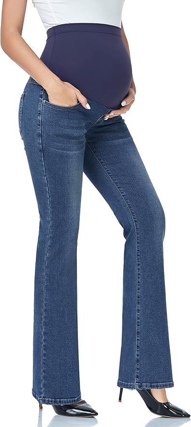 GLAMIX Women's Stretch Maternity Bootcut Jeans with Pockets Over The Belly Bell Bottoms Flare Denim Pants Pregnancy Clothes