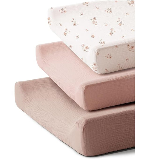 3 Pack Muslin Changing Pad Covers for Girl, Boy, 100% Soft Cotton Changing Table Cover, Breathable Baby Nursery Diaper Change Pad Fitted Sheets (Daisy Petal)