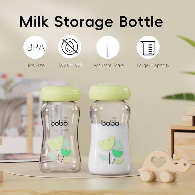 YOHKOH Glass Breast Milk Storage Bottles - 100% Leak-Proof, BPA-Free Breastmilk Storage Containers, Freezer & Dishwasher Safe, Ideal for Nursing Mothers (Green, 5.4oz (Pack of 6))