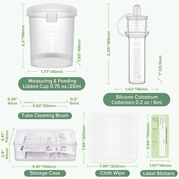 haakaa Colostrum Collectors 6ml/6pcs & Lidded Feeding Cup 25ml/1pc Set- Collect, Store & Feed Colostrum in One, Ready-to-Use Individually Wrapped, Reusable & Leakproof Colostrum Syringes