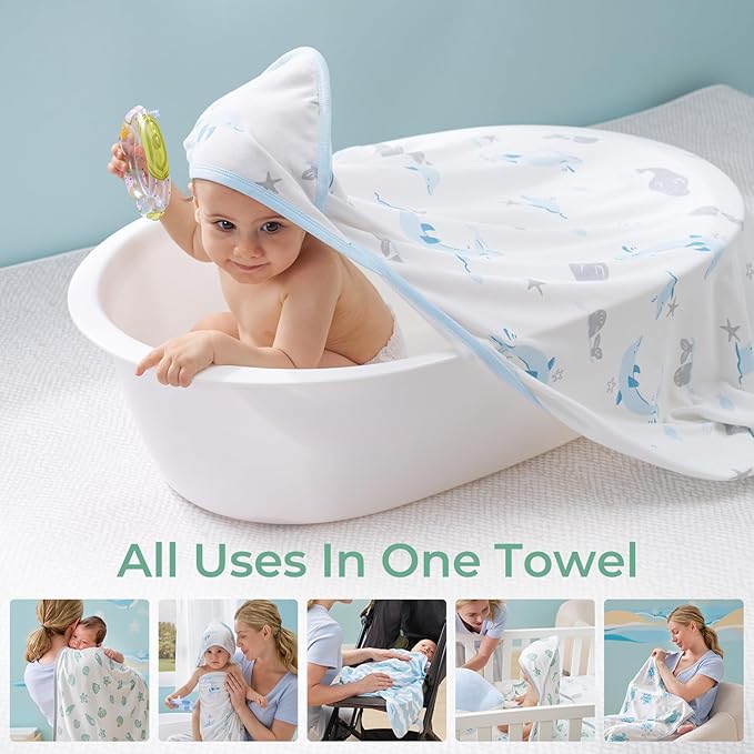 Momcozy Baby Towel with Hooded-Original Design Baby Towel Set -Soft & Absorbent- Shower Gifts or Bath Essential for Infant, Newborn, Toddler, Marine Sea Whale Seal Waves Magic