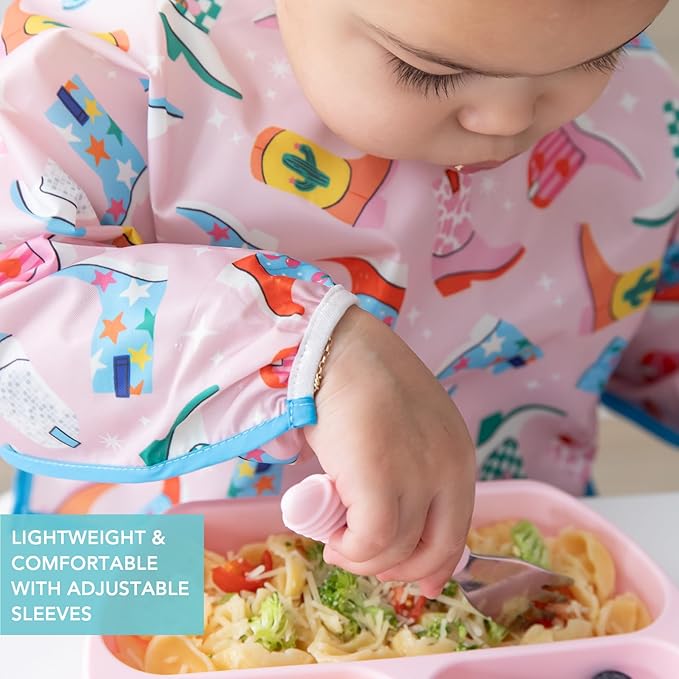 Bumkins Sleeved Bib for Girl or Boy Baby and Toddler for 6-24 Mos, Essential Must Have for Eating, Feeding, Baby Led Weaning Supplies, Long Sleeve Mess Saving Food Catcher, Soft Fabric, Cowgirl Boots