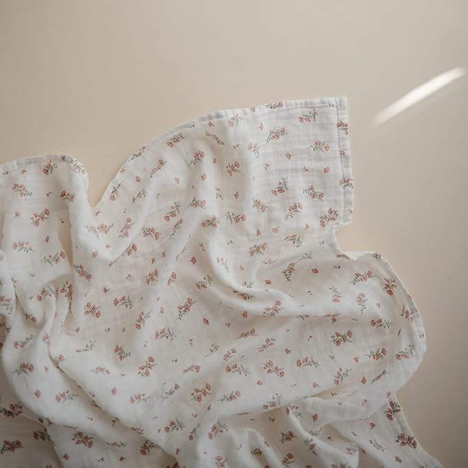 mushie Muslin Baby Swaddle Blanket | 100% Organic Cotton (Pink Flowers)