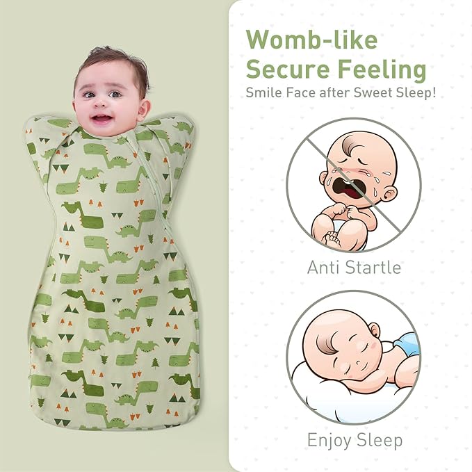 Premium Soft Cotton Swaddle Blanket Sleep Sack Arms Up 2 Packs 6-12 Months, Hands Up 3-Way Transitions to Arms-Free Wearable Sleeping Sack Bag for Babies Boys Girls Snug Fit Calms Startle Reflex