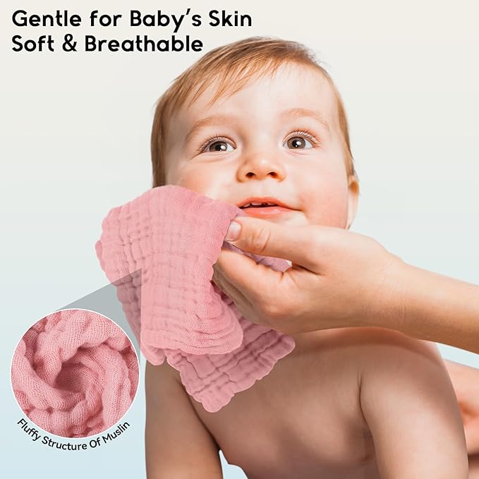 Muslin Baby Washcloths 6 Pack, 100% Cotton Wash Cloths for Babies, Large 12''X12'' Burp Cloths Absorbent and Soft for Newborn Infants Kids Boys Girls - Gradient Pink