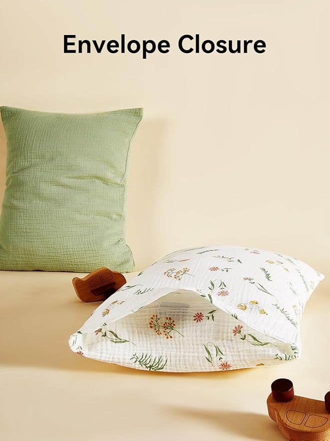 TILLYOU Muslin Toddler Pillowcase 2 Pack, 13x18 Soft Travel Cotton Pillow Case Kids for Boys and Girls, Daisy