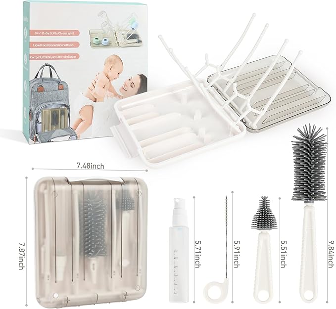 Baby Bottle Brush Set, 6-in-1 Travel Bottle Cleaning Kit with Silicone Bottle Brush, Nipple & Straw Brush, Soap Dispenser, Drying Rack, Storage Box – Compact Travel Baby Essential for Home & On-The-Go