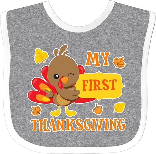 inktastic My First Thanksgiving with Turkey and Leaves Baby Bib