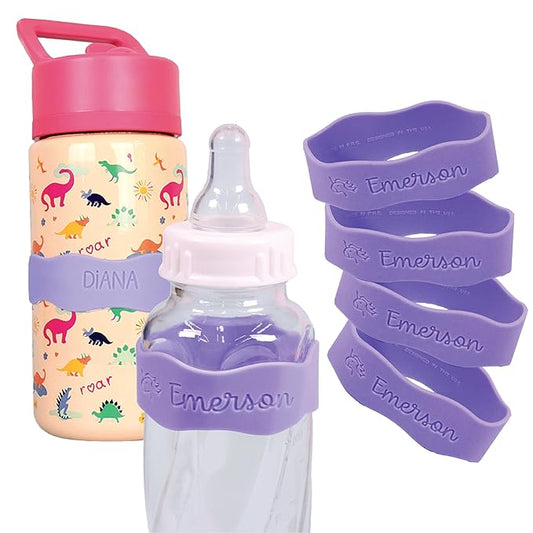 InchBug Orbit Labels Baby Bottle and Water Bottle Silicone Name Bands – Personalized Reusable Label Set for Daycare, Sippy Cups, Preschool, Elementary School, Dishwasher Safe, 4-Pack (Lavender Gelato)
