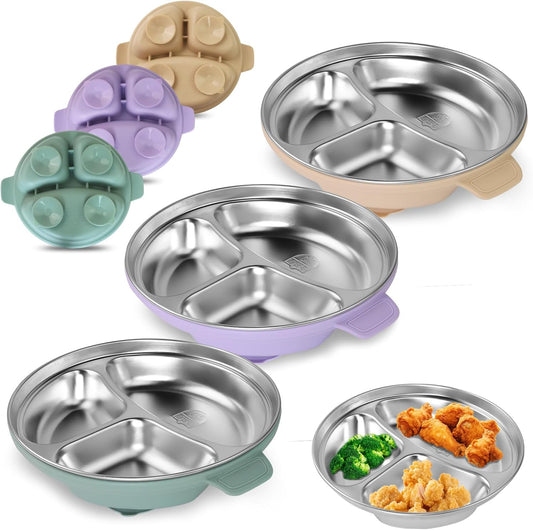 Stainless Steel Toddler Plates with Suction | Non-Slip Divided Baby Plates BPA Free & Non Toxic | Detachable Silicone Base| Dishwasher Safe | Unbreakable Kids Dinnerware 3-Pack