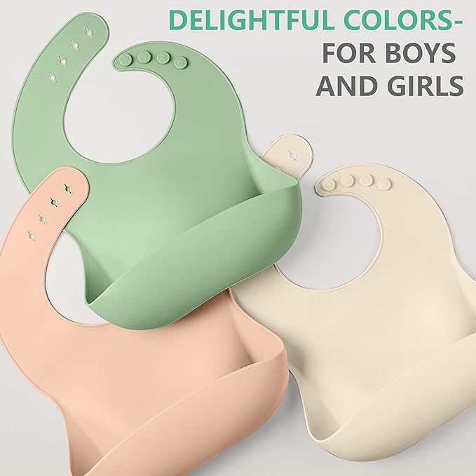 Cuddle Campus Set of 3 Silicone Bibs for Babies & Toddlers,Soft Adjustable Bibs with Pocket Food Catcher for Baby Girl,Boy