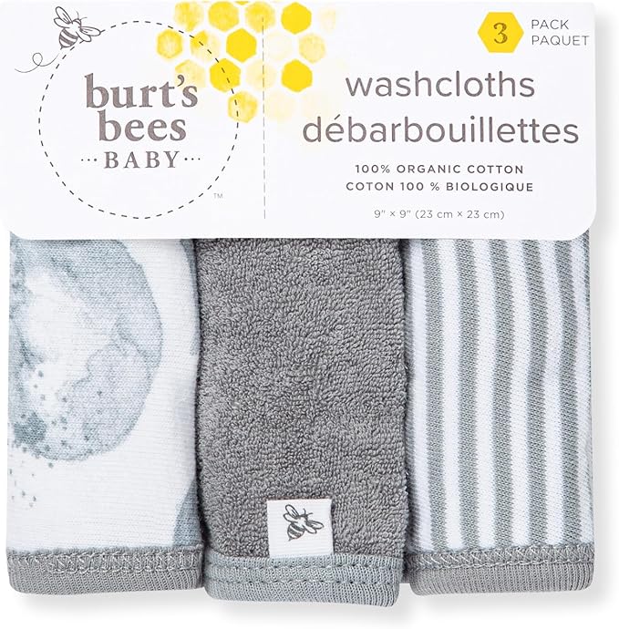 Burt's Bees Baby Infant Washcloths, 100% Organic Cotton, Soft and Super Absorbent Knit Terry & Woven Terry Wash Cloth