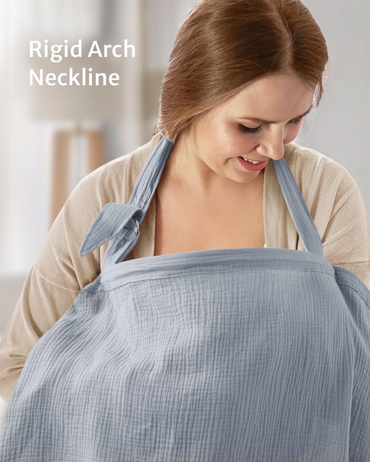 Blissful Diary Muslin Nursing Cover for Breastfeeding, Breathable Breastfeeding Cover up with Arch Neckline for Women, Nursing Apron(Light Blue)