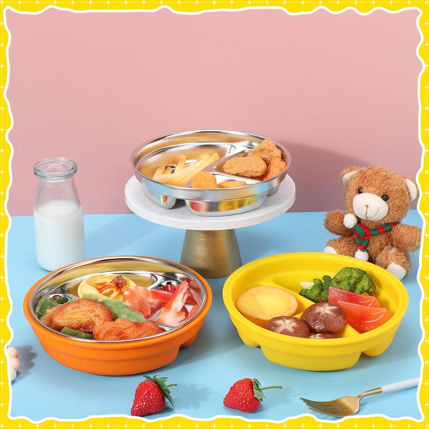 Nuogo 2 Pcs Stainless Steel Baby Suction Plates with Removable Silicone Shell 2-in-1 Metal Toddler Bowl Divided for Picky Eaters Kids Feeding Led Weaning Supplies, Dishwasher Safe (Yellow,Orange)