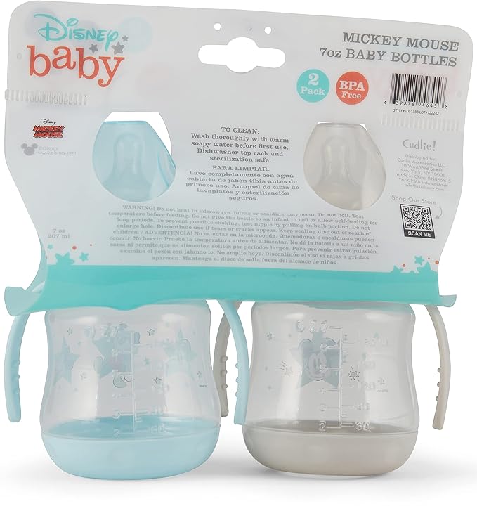Disney 2 Pack 7 Ounce Baby Bottles with Character Prints and Colored Covers with Double Handle - BPA Free and Easy to Clean