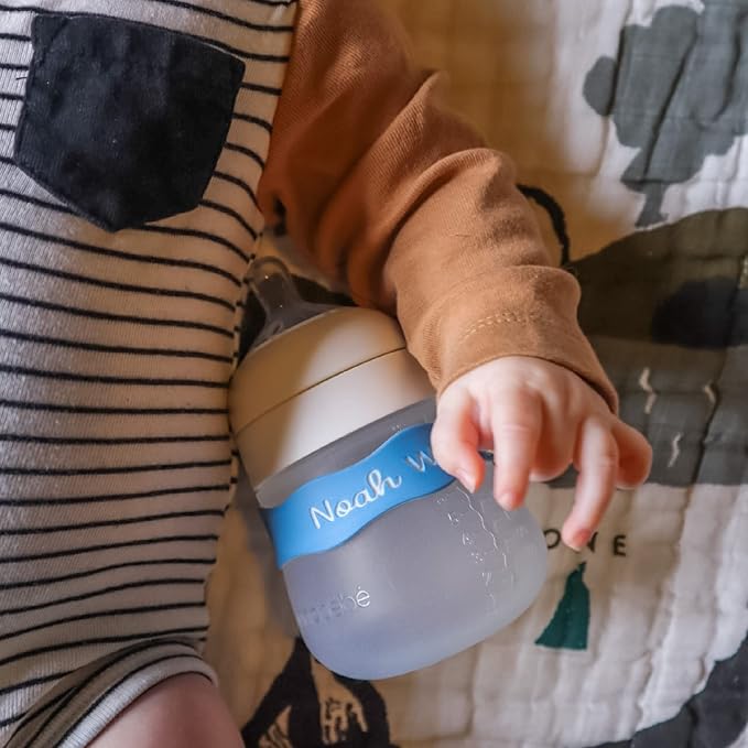 InchBug Orbit Labels Baby Bottle and Water Bottle Silicone Name Bands – Personalized Reusable Label Set for Daycare, Sippy Cups, Preschool, Elementary School, Dishwasher Safe, 4-Pack (Nautical Navy)