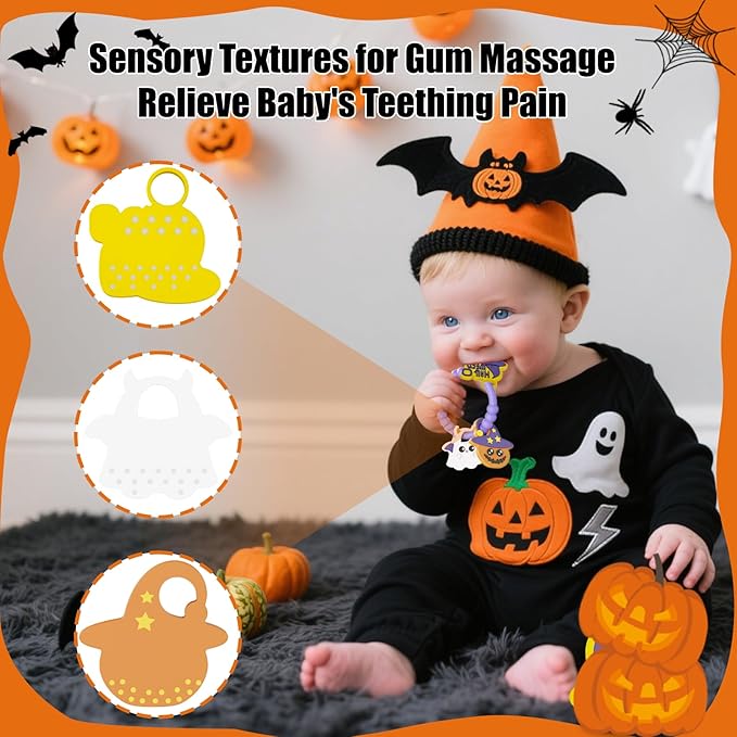Halloween Baby Teething Bracelet with 3pcs Teether-Soft Pumpkin, Ghost&Witch Hat Textured Silicone Teether for 0-12months, Baby Sensory Chew Teething,Sensory Chew Bracelet for Baby’s First Halloween