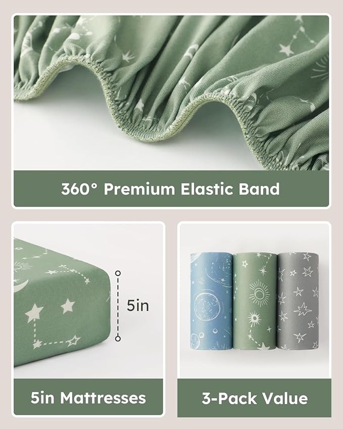 Pack and Play Sheets Fitted 3 Pack, Mini Crib Sheets for Pack N Play Mattress Stretchy Portable Playard Sheets, Soft Breathable Green Gray Constellation