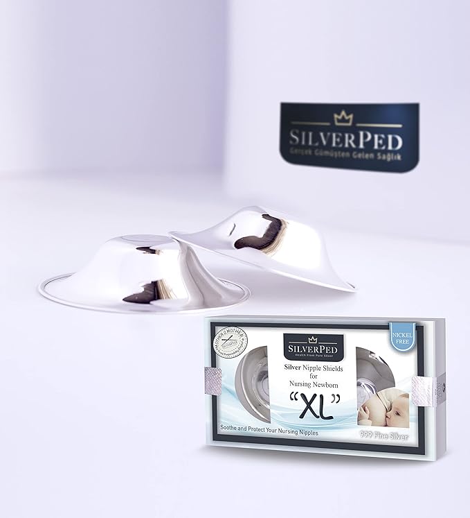 100% Silver Nipple Shield, Soothe and Protect Sore Nipples for Breastfeeding Newborn, Eco-Friendly Nickel-Free Silver Nipple Covers, Polished Surface, 2 Pieces (XL)