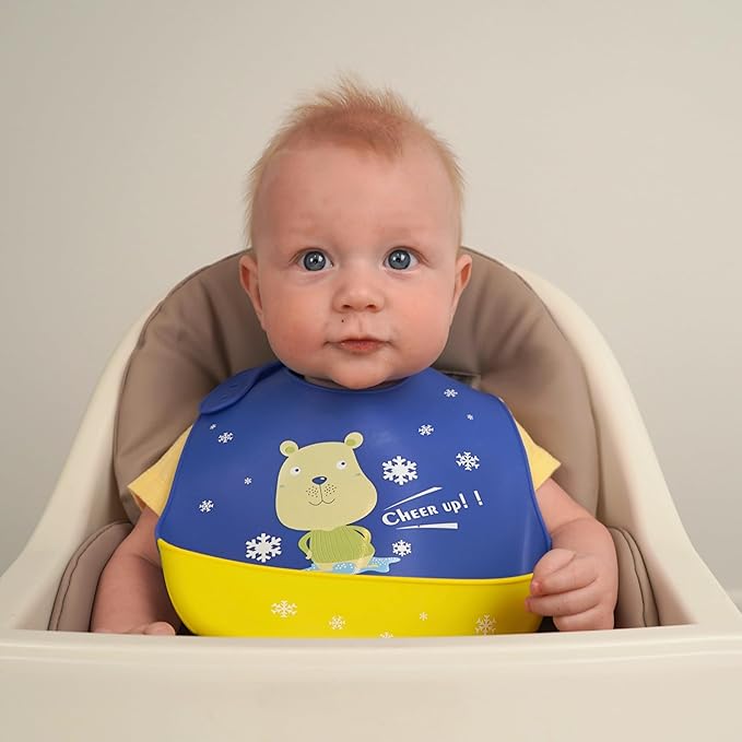 Silicone Baby Bibs Unisex, Self-Feeding, Catch-all Large Pocket, 6-48 months, BPA-Phthalate Free, w/Travel Case