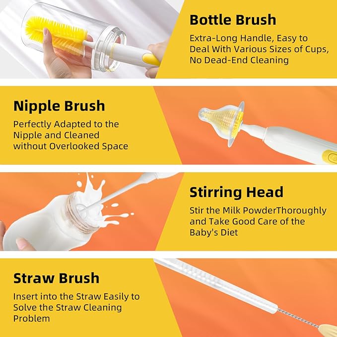Electric Bottle Brush,Electric Baby Bottle Brush Set with Silicone Bottle/Pacifier/Straw Brush and Mixing Head, Water Bottle Cleaner Brush with Drying Rack, 2 Modes & 360° Rotation (Yellow)