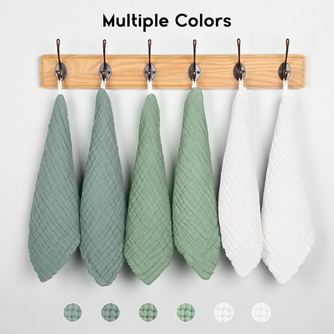 Muslin Baby Washcloths 6 Pack, 100% Cotton Wash Cloths for Babies, Large 12''X12'' Burp Cloths Absorbent and Soft for Newborn Infants Kids Boys Girls - White Green