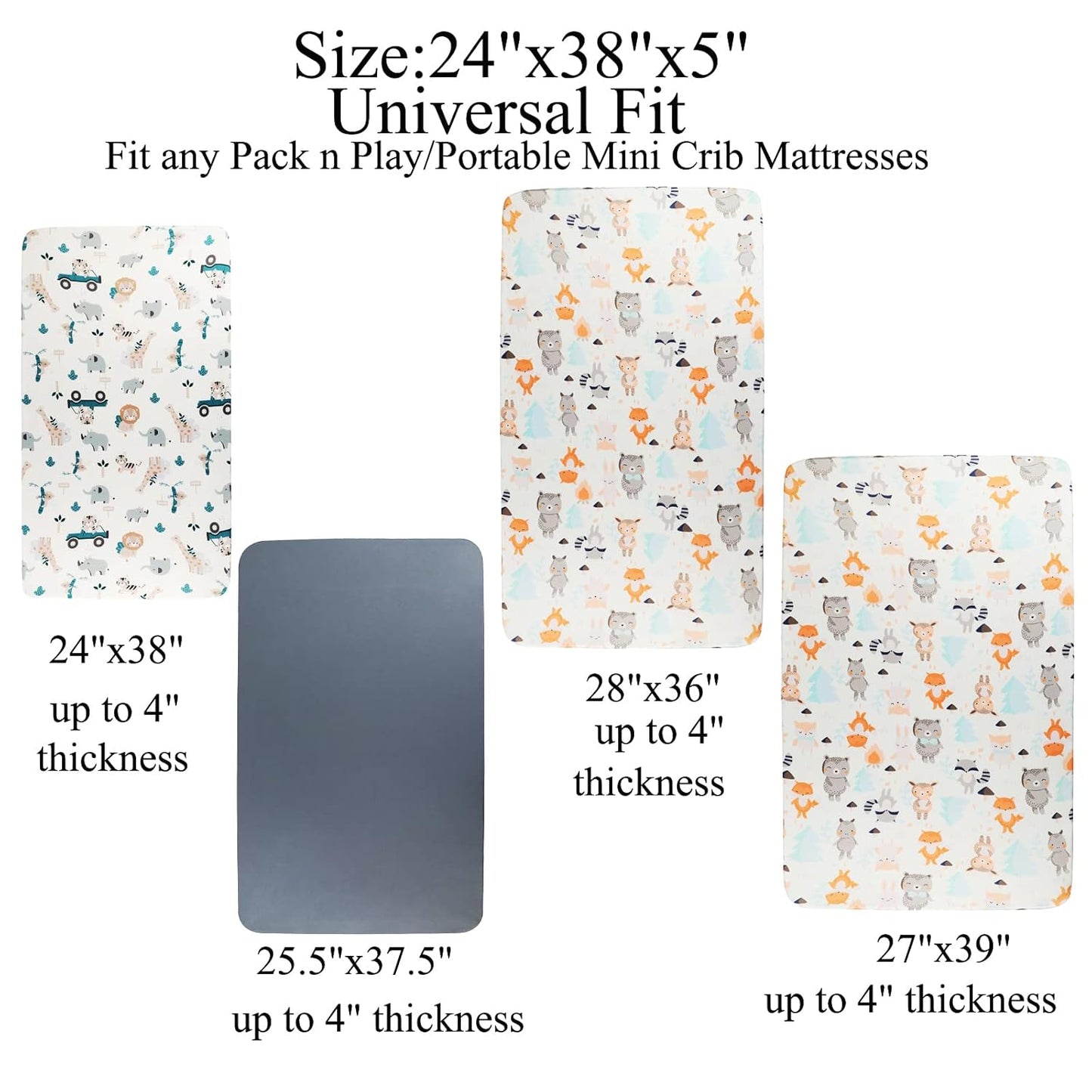 Pack n Play Sheet Stretchy Fitted Portable Mini Crib Sheets Set 3 Pack,Playard Sheets Convertible Playard Mattress Cover,Ultra Soft Jersey Material,Elephant Tiger,Fox & Grey