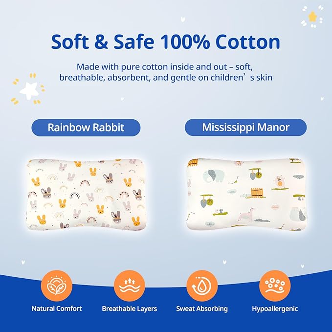Toddler Pillow with Pillowcase, Breathable & Cozy Machine Washable Kids Pillow with Pillowcase, 21.6x13.8 Ergonomic Children Pillow for Boys and Girls Aged 3-8 (Rabbit, Height 2)